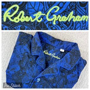 Robert‎ Graham Men/Women Pajama Top M Blue Black Paisley Long Sleeve Collared